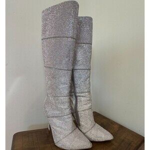 Steve Madden Silver Rhinestone Knee High Boots 9.5 Pointed Toe Concert Vegas
